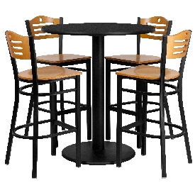 36'' Round Black Laminate Table Set with 4 Wood Slat Back Metal Barstools - Natural Wood Seat, MD-0020-GG