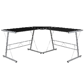 Black Glass L-Shape Corner Computer Desk with Silver Metal Frame, NAN-CD-22181-BK-GG Black Glass L-Shape Corner Computer Desk with Silver Metal Frame, NAN-CD-22181-BK-GG