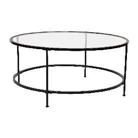 Astoria Collection Round Coffee Table - Modern Clear Glass Coffee Table with Matte Black Frame, NAN-JN-21750CT-BK-GG Astoria Collection Round Coffee Table - Modern Clear Glass Coffee Table with Matte Black Frame, NAN-JN-21750CT-BK-GG