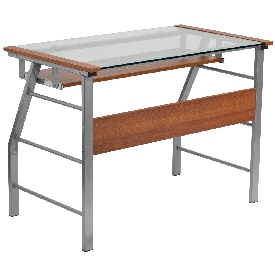 Glass Computer Desk with Pull-Out Keyboard Tray and Bowed Front Frame, NAN-JN-2940-GG