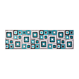 Gideon Collection Geometric 2' x 7' Turquoise, Grey, and White Olefin Area Rug with Cotton Backing, Living Room, Bedroom, OK-HCF-7146ATUR-27-TUR-GG Gideon Collection Geometric 2' x 7' Turquoise, Grey, and White Olefin Area Rug with Cotton Backing, Living Room, Bedroom, OK-HCF-7146ATUR-27-TUR-GG