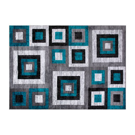 Gideon Collection Geometric 6' x 9' Turquoise, Grey, and White Olefin Area Rug with Cotton Backing, Living Room, Bedroom, OK-HCF-7146ATUR-69-TUR-GG Gideon Collection Geometric 6' x 9' Turquoise, Grey, and White Olefin Area Rug with Cotton Backing, Living Room, Bedroom, OK-HCF-7146ATUR-69-TUR-GG