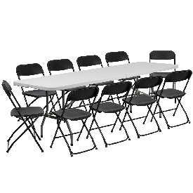 8' Bi-Fold Granite White Plastic Event/Training Folding Table Set with 10 Folding Chairs, RB-3096F-10-LEL3-BK-GG