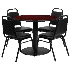36'' Round Mahogany Laminate Table Set with Round Base and 4 Black Trapezoidal Back Banquet Chairs, RSRB1002-GG