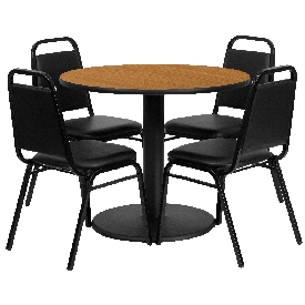 36'' Round Natural Laminate Table Set with Round Base and 4 Black Trapezoidal Back Banquet Chairs, RSRB1003-GG