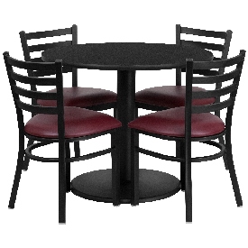 36'' Round Black Laminate Table Set with Round Base and 4 Ladder Back Metal Chairs - Burgundy Vinyl Seat, RSRB1005-GG