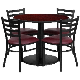 36'' Round Mahogany Laminate Table Set with Round Base and 4 Ladder Back Metal Chairs - Burgundy Vinyl Seat, RSRB1006-GG