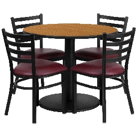 36'' Round Natural Laminate Table Set with Round Base and 4 Ladder Back Metal Chairs - Burgundy Vinyl Seat, RSRB1007-GG