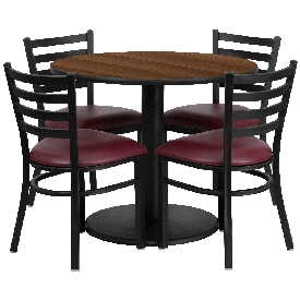 36'' Round Walnut Laminate Table Set with Round Base and 4 Ladder Back Metal Chairs - Burgundy Vinyl Seat, RSRB1008-GG