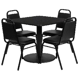 36'' Square Black Laminate Table Set with Round Base and 4 Black Trapezoidal Back Banquet Chairs, RSRB1009-GG