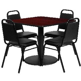 36'' Square Mahogany Laminate Table Set with Round Base and 4 Black Trapezoidal Back Banquet Chairs, RSRB1010-GG