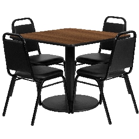 36'' Square Walnut Laminate Table Set with Round Base and 4 Black Trapezoidal Back Banquet Chairs, RSRB1012-GG