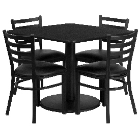 36'' Square Black Laminate Table Set with Round Base and 4 Ladder Back Metal Chairs - Black Vinyl Seat, RSRB1013-GG