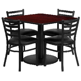 36'' Square Mahogany Laminate Table Set with Round Base and 4 Ladder Back Metal Chairs - Black Vinyl Seat, RSRB1014-GG