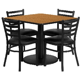36'' Square Natural Laminate Table Set with Round Base and 4 Ladder Back Metal Chairs - Black Vinyl Seat, RSRB1015-GG
