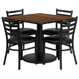 36'' Square Walnut Laminate Table Set with Round Base and 4 Ladder Back Metal Chairs - Black Vinyl Seat, RSRB1016-GG