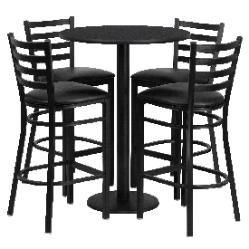 30'' Round Black Laminate Table Set with Round Base and 4 Ladder Back Metal Barstools - Black Vinyl Seat, RSRB1021-GG