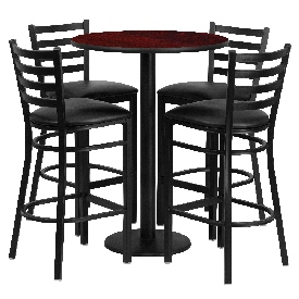 30'' Round Mahogany Laminate Table Set with Round Base and 4 Ladder Back Metal Barstools - Black Vinyl Seat, RSRB1022-GG