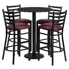 30'' Round Black Laminate Table Set with Round Base and 4 Ladder Back Metal Barstools - Burgundy Vinyl Seat, RSRB1025-GG