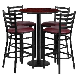30'' Round Mahogany Laminate Table Set with Round Base and 4 Ladder Back Metal Barstools - Burgundy Vinyl Seat, RSRB1026-GG