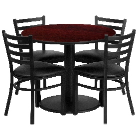 36'' Round Mahogany Laminate Table Set with Round Base and 4 Ladder Back Metal Chairs - Black Vinyl Seat, RSRB1030-GG