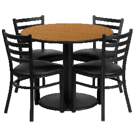 36'' Round Natural Laminate Table Set with Round Base and 4 Ladder Back Metal Chairs - Black Vinyl Seat, RSRB1031-GG