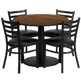 36'' Round Walnut Laminate Table Set with Round Base and 4 Ladder Back Metal Chairs - Black Vinyl Seat, RSRB1032-GG