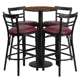 24'' Round Walnut Laminate Table Set with Round Base and 4 Two-Slat Ladder Back Metal Barstools - Burgundy Vinyl Seat