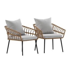 Evin Set of 2 Boho Indoor/Outdoor Rope Rattan Wicker Patio Chairs with Gray All-Weather Cushions, Natural, SB-1960-CH-GY-GG Evin Set of 2 Boho Indoor/Outdoor Rope Rattan Wicker Patio Chairs with Gray All-Weather Cushions, Natural, SB-1960-CH-GY-GG