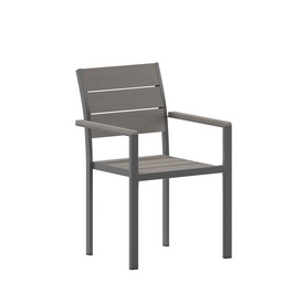 Finch Commercial Grade Patio Chair with Arms, Stackable Side Chair with Faux Teak Poly Slats and Metal Frame, Gray/Gray, SB-CA108-WA-GRY-GG Finch Commercial Grade Patio Chair with Arms, Stackable Side Chair with Faux Teak Poly Slats and Metal Frame, Gray/Gray, SB-CA108-WA-GRY-GG