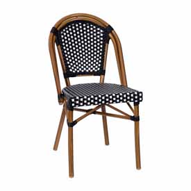 Bordeaux Indoor/Outdoor Commercial French Bistro Stacking Chair, Black and White PE Rattan Back and Seat, Bamboo Print Aluminum Frame in Natural, SDA-AD642001-BKWH-NAT-GG Bordeaux Indoor/Outdoor Commercial French Bistro Stacking Chair, Black and White PE Rattan Back and Seat, Bamboo Print Aluminum Frame in Natural, SDA-AD642001-BKWH-NAT-GG