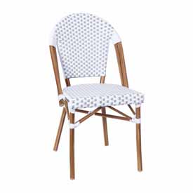 Lourdes Indoor/Outdoor Commercial French Bistro Stacking Chair, White and Gray PE Rattan Back and Seat, Bamboo Print Aluminum Frame in Natural, SDA-AD642001-F-WHGY-NAT-GG Lourdes Indoor/Outdoor Commercial French Bistro Stacking Chair, White and Gray PE Rattan Back and Seat, Bamboo Print Aluminum Frame in Natural, SDA-AD642001-F-WHGY-NAT-GG