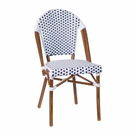 Lourdes Indoor/Outdoor Commercial French Bistro Stacking Chair, White and Navy PE Rattan Back and Seat, Bamboo Print Aluminum Frame in Natural, SDA-AD642001-F-WHNVY-NAT-GG Lourdes Indoor/Outdoor Commercial French Bistro Stacking Chair, White and Navy PE Rattan Back and Seat, Bamboo Print Aluminum Frame in Natural, SDA-AD642001-F-WHNVY-NAT-GG