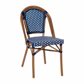 Bordeaux Indoor/Outdoor Commercial French Bistro Stacking Chair, Navy and White PE Rattan Back and Seat, Bamboo Print Aluminum Frame in Natural, SDA-AD642001-NVYWH-NAT-GG Bordeaux Indoor/Outdoor Commercial French Bistro Stacking Chair, Navy and White PE Rattan Back and Seat, Bamboo Print Aluminum Frame in Natural, SDA-AD642001-NVYWH-NAT-GG