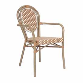Lourdes Indoor/Outdoor Commercial Thonet French Bistro Stacking Chair with Arms, Natural/White PE Rattan and Bamboo Print Aluminum Frame in Lt Natural, SDA-AD642002A-NATWH-LTNAT-GG Lourdes Indoor/Outdoor Commercial Thonet French Bistro Stacking Chair with Arms, Natural/White PE Rattan and Bamboo Print Aluminum Frame in Lt Natural, SDA-AD642002A-NATWH-LTNAT-GG