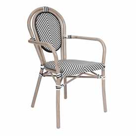 Marseille Indoor/Outdoor Commercial Thonet French Bistro Stacking Chair with Arms, Black/White Textilene and Bamboo Print Aluminum Frame in Natural, SDA-AD642002A-TXT-BLKWH-LTNAT-GG Marseille Indoor/Outdoor Commercial Thonet French Bistro Stacking Chair with Arms, Black/White Textilene and Bamboo Print Aluminum Frame in Natural, SDA-AD642002A-TXT-BLKWH-LTNAT-GG