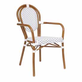 Lourdes Indoor/Outdoor Commercial Thonet French Bistro Stacking Chair with Arms, White and Gray PE Rattan and Bamboo Print Aluminum Frame in Natural, SDA-AD642002A-WHGY-NAT-GG Lourdes Indoor/Outdoor Commercial Thonet French Bistro Stacking Chair with Arms, White and Gray PE Rattan and Bamboo Print Aluminum Frame in Natural, SDA-AD642002A-WHGY-NAT-GG