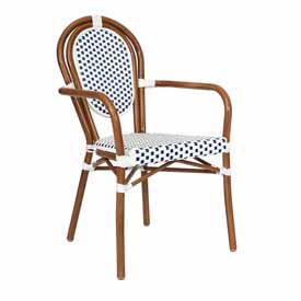 Lourdes Indoor/Outdoor Commercial Thonet French Bistro Stacking Chair with Arms, White and Navy PE Rattan and Bamboo Print Aluminum Frame in Natural, SDA-AD642002A-WHNVY-NAT-GG Lourdes Indoor/Outdoor Commercial Thonet French Bistro Stacking Chair with Arms, White and Navy PE Rattan and Bamboo Print Aluminum Frame in Natural, SDA-AD642002A-WHNVY-NAT-GG