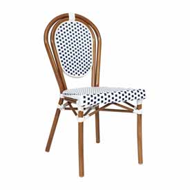 Lourdes Indoor/Outdoor Commercial Thonet French Bistro Stacking Chair, White and Navy PE Rattan and Bamboo Print Aluminum Frame in Natural, SDA-AD642002S-WHNVY-NAT-GG Lourdes Indoor/Outdoor Commercial Thonet French Bistro Stacking Chair, White and Navy PE Rattan and Bamboo Print Aluminum Frame in Natural, SDA-AD642002S-WHNVY-NAT-GG
