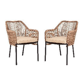 Kallie Set of 2 All-Weather Natural Woven Stacking Club Chairs with Rounded Arms & Ivory Zippered Seat Cushions