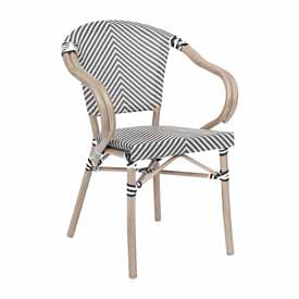 Marseille Indoor/Outdoor Commercial French Bistro Stacking Chair with Arms, Black/White Textilene and Bamboo Print Aluminum Frame in LT Natural, SDA-ADS642108-BLKWH-LTNAT-GG Marseille Indoor/Outdoor Commercial French Bistro Stacking Chair with Arms, Black/White Textilene and Bamboo Print Aluminum Frame in LT Natural, SDA-ADS642108-BLKWH-LTNAT-GG
