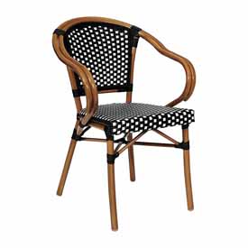 Bordeaux Indoor/Outdoor Commercial French Bistro Stacking Chair with Arms, Black and White PE Rattan and Bamboo Print Aluminum Frame in Natural, SDA-ADS642142-BKWH-NAT-GG Bordeaux Indoor/Outdoor Commercial French Bistro Stacking Chair with Arms, Black and White PE Rattan and Bamboo Print Aluminum Frame in Natural, SDA-ADS642142-BKWH-NAT-GG