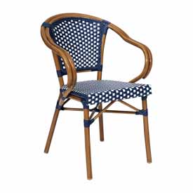 Bordeaux Indoor/Outdoor Commercial French Bistro Stacking Chair with Arms, Navy and White PE Rattan and Bamboo Print Aluminum Frame in Natural, SDA-ADS642142-NVYWH-NAT-GG Bordeaux Indoor/Outdoor Commercial French Bistro Stacking Chair with Arms, Navy and White PE Rattan and Bamboo Print Aluminum Frame in Natural, SDA-ADS642142-NVYWH-NAT-GG