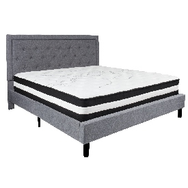 Roxbury King Size Tufted Upholstered Platform Bed in Light Gray Fabric with Pocket Spring Mattress, SL-BM-28-GG