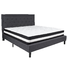 Roxbury King Size Tufted Upholstered Platform Bed in Dark Gray Fabric with Pocket Spring Mattress, SL-BM-32-GG