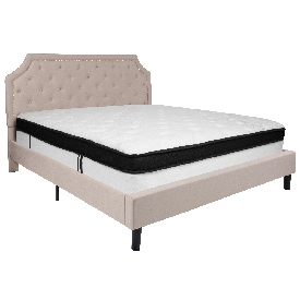 Brighton King Size Tufted Upholstered Platform Bed in Beige Fabric with Memory Foam Mattress, SL-BMF-4-GG