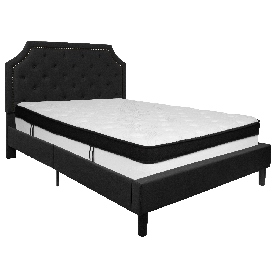 Brighton Queen Size Tufted Upholstered Platform Bed in Black Fabric with Memory Foam Mattress, SL-BMF-7-GG