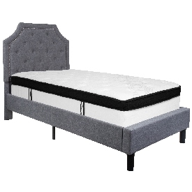 Brighton Twin Size Tufted Upholstered Platform Bed in Light Gray Fabric with Memory Foam Mattress, SL-BMF-9-GG