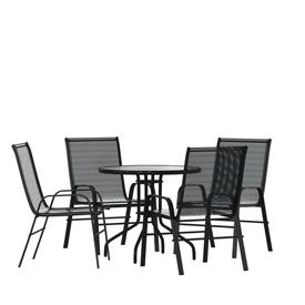 Brazos 5 Piece Outdoor Patio Dining Set - 31.5" Round Tempered Glass Patio Table, 4 Black Flex Comfort Stack Chairs, TLH-0702303C-GG Brazos 5 Piece Outdoor Patio Dining Set - 31.5" Round Tempered Glass Patio Table, 4 Black Flex Comfort Stack Chairs, TLH-0702303C-GG