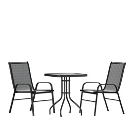 Brazos 3 Piece Outdoor Patio Dining Set - 23.5" Square Tempered Glass Patio Table, 2 Black Flex Comfort Stack Chairs, TLH-073A1303C-GG Brazos 3 Piece Outdoor Patio Dining Set - 23.5" Square Tempered Glass Patio Table, 2 Black Flex Comfort Stack Chairs, TLH-073A1303C-GG